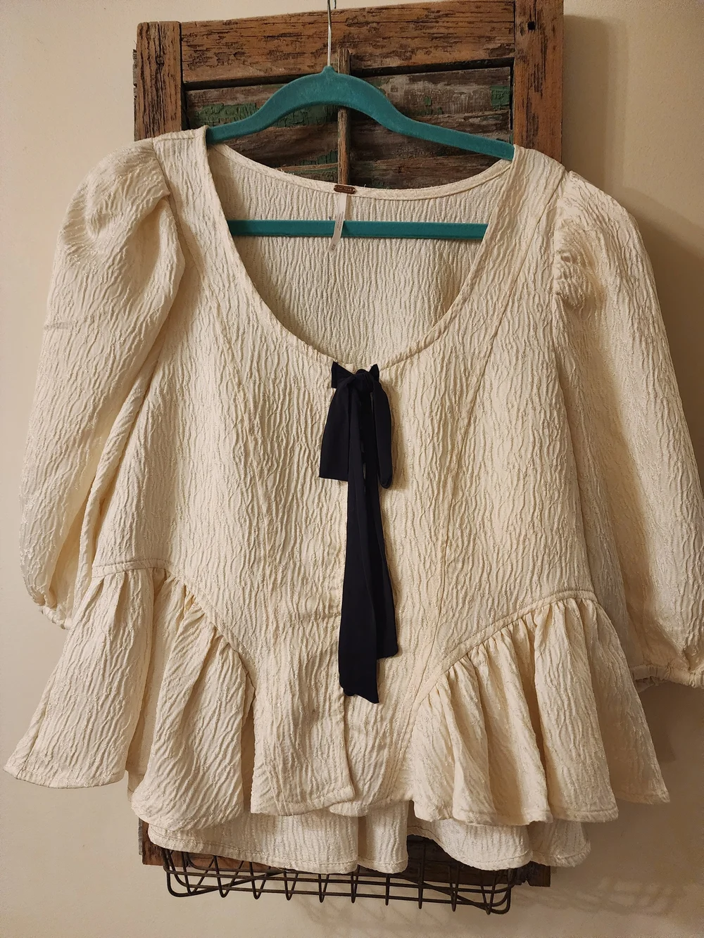 Free People Ivory Puff-Sleeve Peplum Top with Black Ribbon